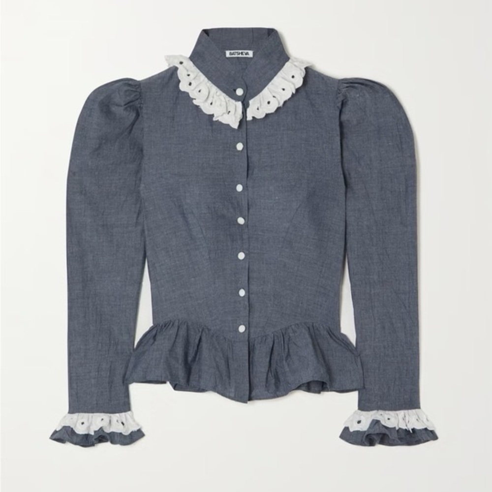 Batsheva Grace Broderie Anglaise-Trimmed Cotton-Chambray Blouse in Mid Denim